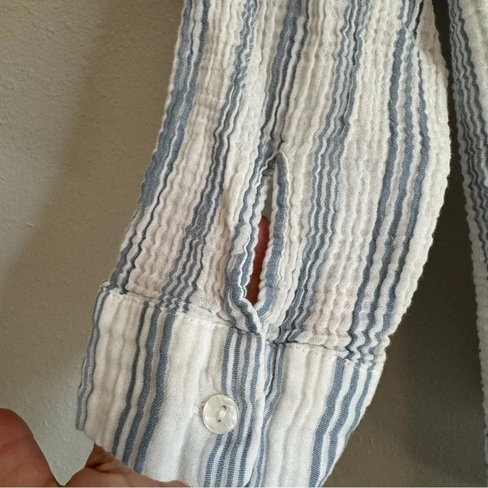 Softest Cotton Blue Striped Oversized Button Down Coastal Grandma Boho Chic - Picture 5 of 7